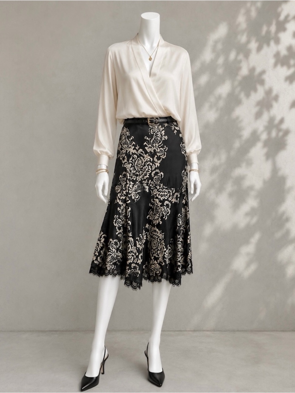 White House Black Market Silk Skirt 2 Black Ivory Baroque Floral WHBM Gothic - Picture 2 of 13